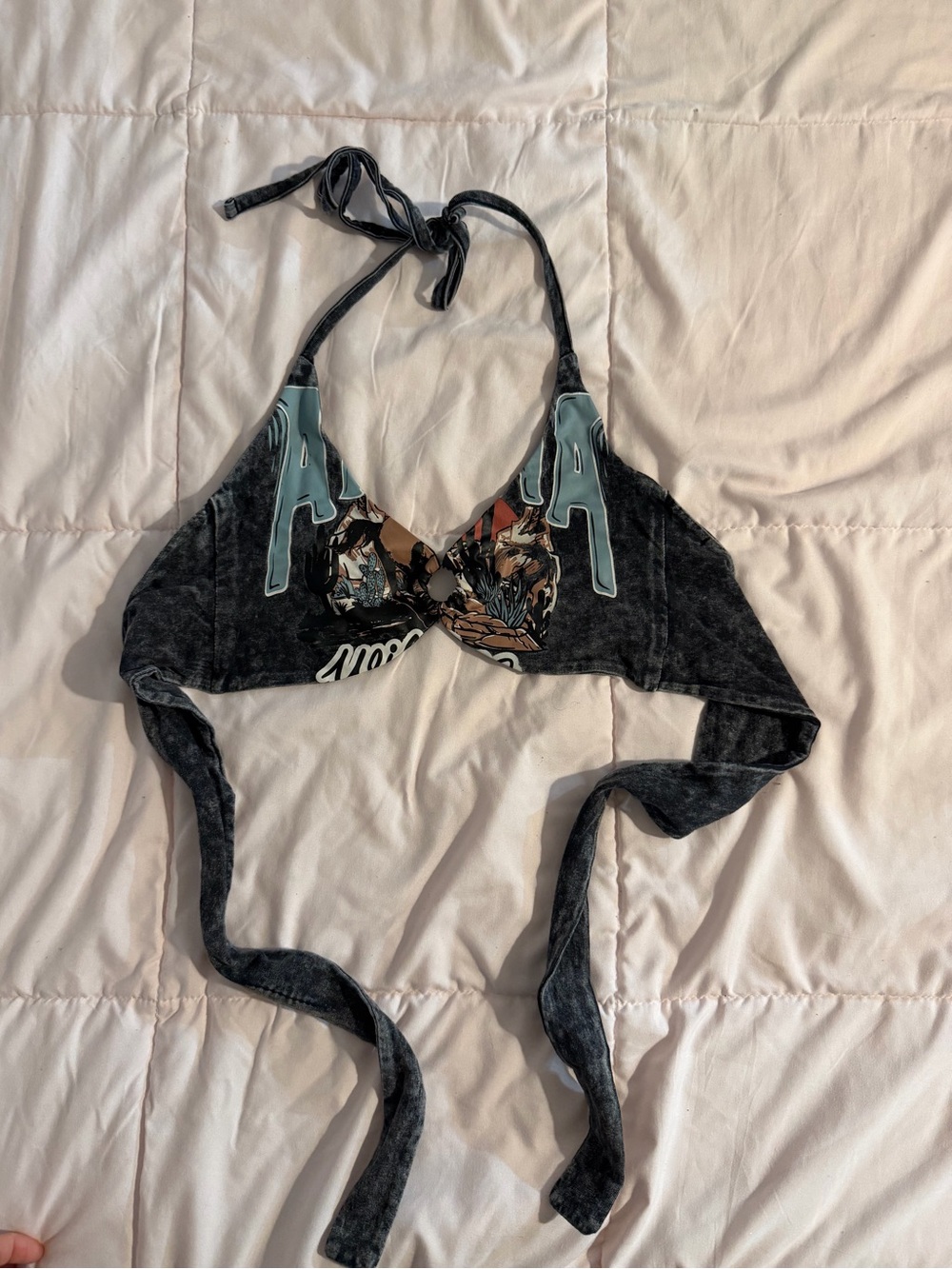 Forever 21 Black Acid-Wash Graphic Halter Top with Teal Accents